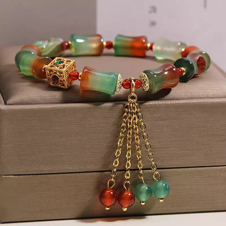 Buddha Stones カラフルな孔雀瑪瑙の竹ビーズとタッセルが付いた勇気のブレスレット - image 4