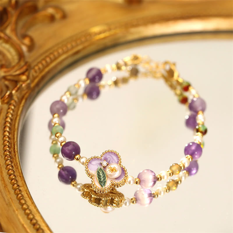 Buddha Stones パールとターコイズのビーズを使った花柄デザインの銅製幸運チェーンブレスレット - 紫色のビーズ（天然真珠、不規則でユニークな形状）（手首周り：14～16cm） - image 0