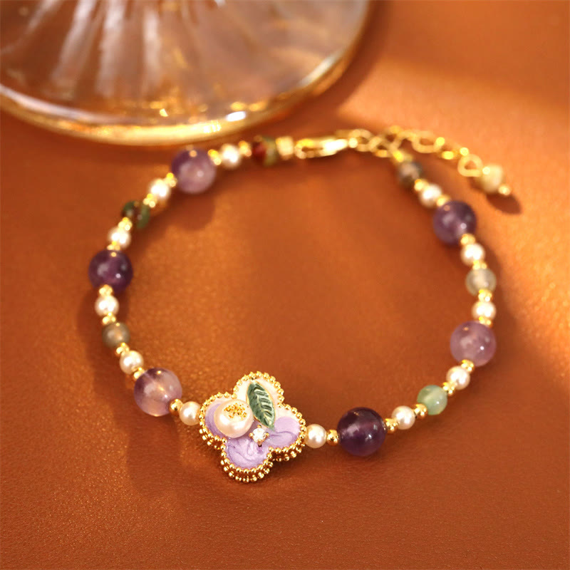 Buddha Stones パールとターコイズのビーズを使った花柄デザインの銅製幸運チェーンブレスレット - image 1