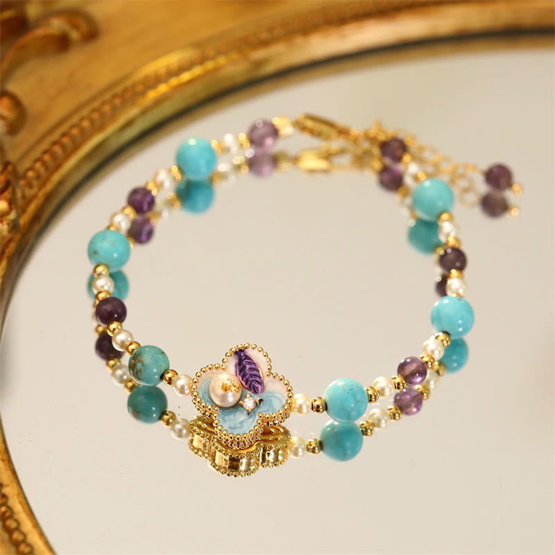 Buddha Stones パールとターコイズのビーズを使った花柄デザインの銅製幸運チェーンブレスレット - ブルービーズ（天然真珠、不規則でユニークな形状）（手首周り：14～16cm） - image 4