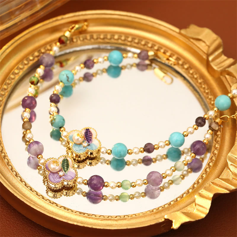 Buddha Stones パールとターコイズのビーズを使った花柄デザインの銅製幸運チェーンブレスレット - image 7