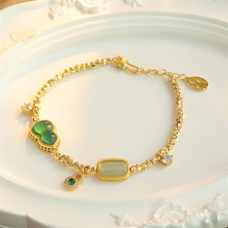 Buddha Stones ひょうたん型グリーンアゲートジルコン銅ビーズサポートチェーンブレスレット - image 1