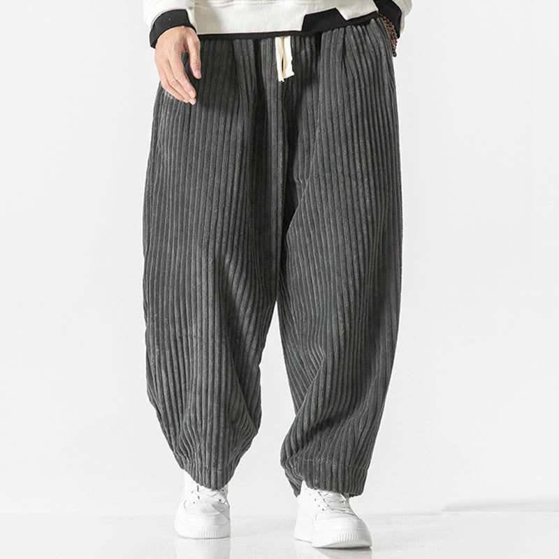 Buddha Stonesレトロ 冬 無地 メンズ ドローストリング コーデュロイ ハーレムパンツ ポケット付き - image 2