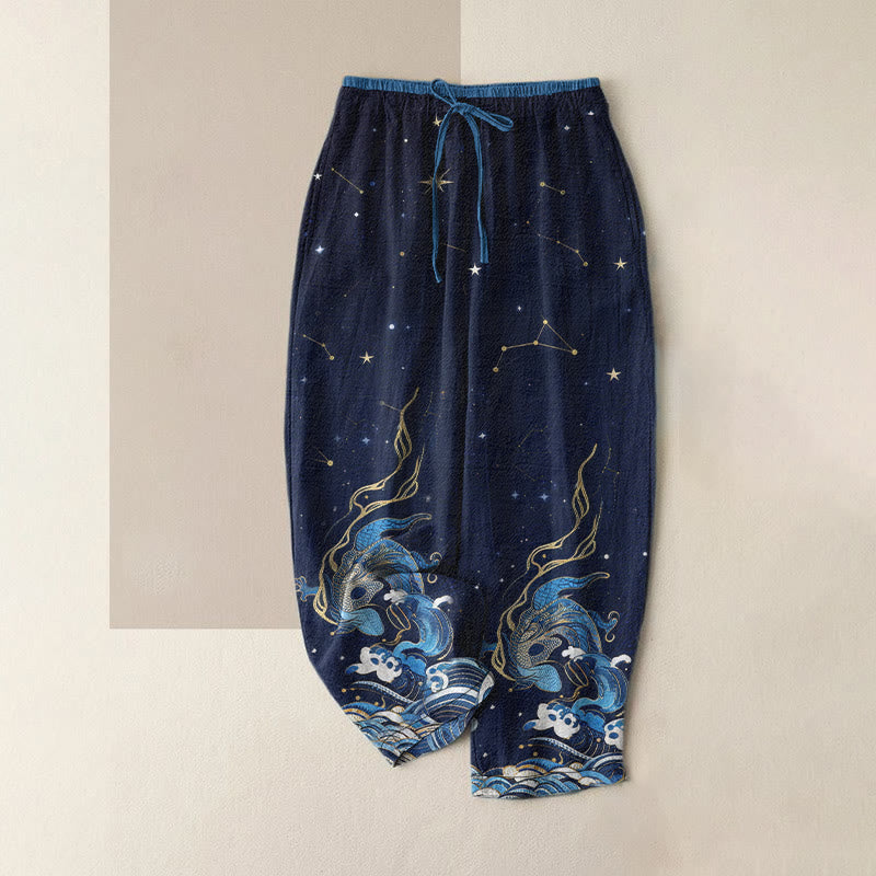 Buddha Stones 純綿素材、星空と海と神話上の生き物の柄、ウエストゴム入り、ポケット付きレディースパンツ - ミッドナイトブルー - US16、 UK/AU20、 EU48 (3XL) - image 0