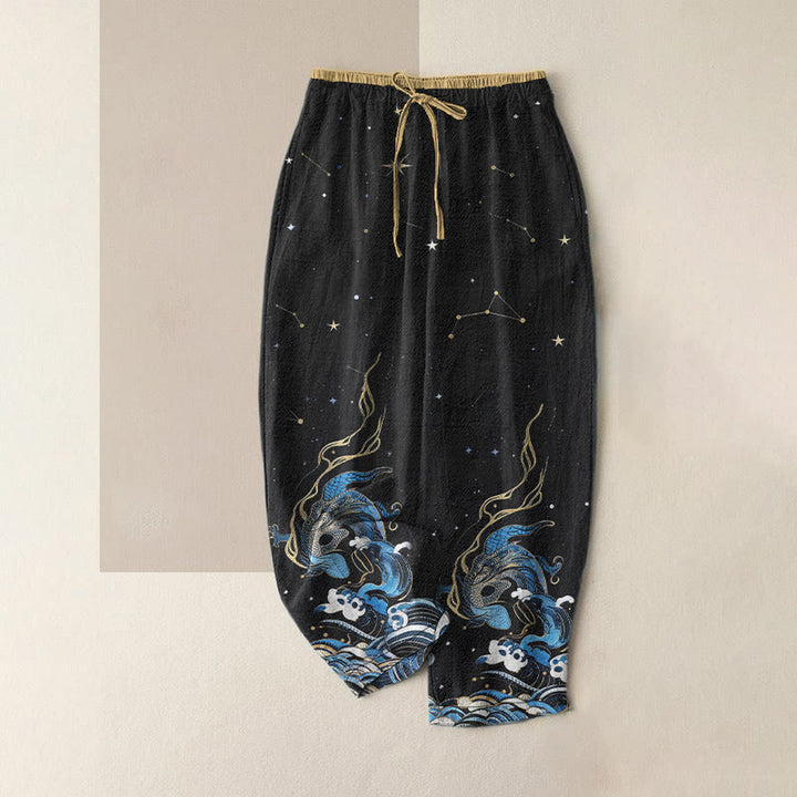 Buddha Stones 純綿素材、星空と海と神話上の生き物の柄、ウエストゴム入り、ポケット付きレディースパンツ - 黒 - US16、 UK/AU20、 EU48 (3XL) - image 5