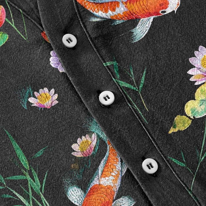 Buddha Stones コットン製鯉と蓮の模様のメンズ半袖ハーフボタンシャツ - image 3