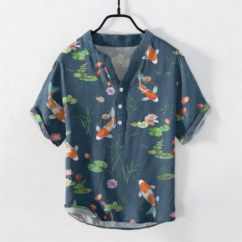 Buddha Stones コットン製鯉と蓮の模様のメンズ半袖ハーフボタンシャツ - スチールブルー - US/UK/AU50、EU60（5XL） - image 4