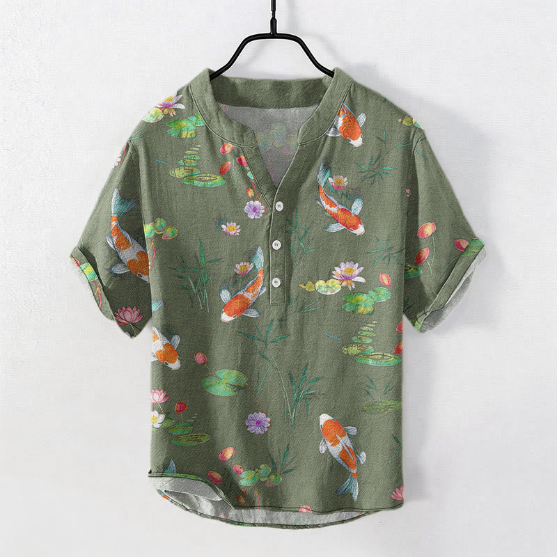 Buddha Stones コットン製鯉と蓮の模様のメンズ半袖ハーフボタンシャツ - ダークシーグリーン - US/UK/AU50、EU60（5XL） - image 6
