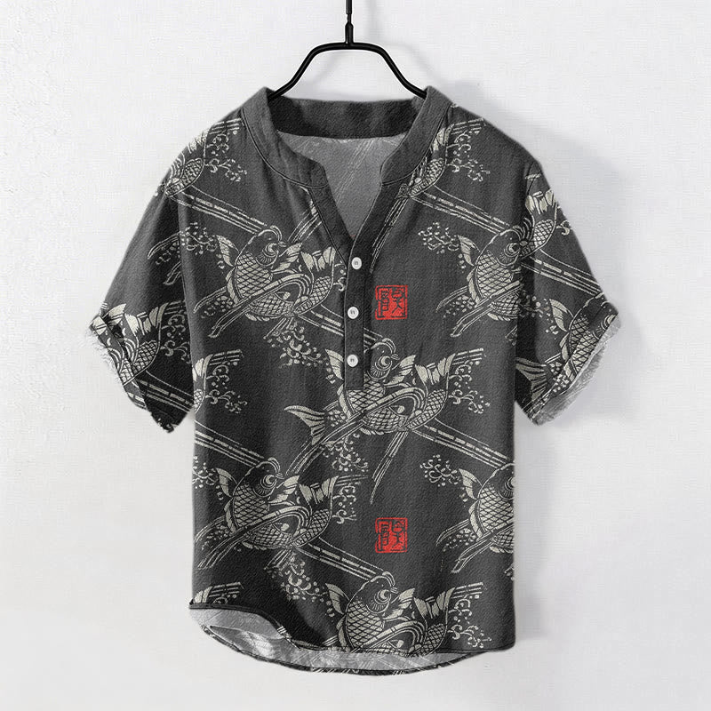 Buddha Stones コットン製鯉竹模様メンズ半袖ハーフボタンシャツ - 黒 - US/UK/AU50、EU60（5XL） - image 0