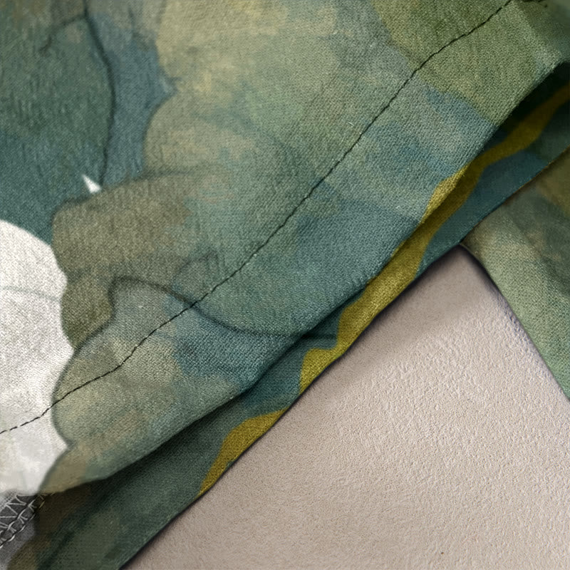 Buddha Stones 綿素材、カジュアルな白蓮の葉柄、レディース用ゴムウエストパンツ（ポケット付き） - image 2