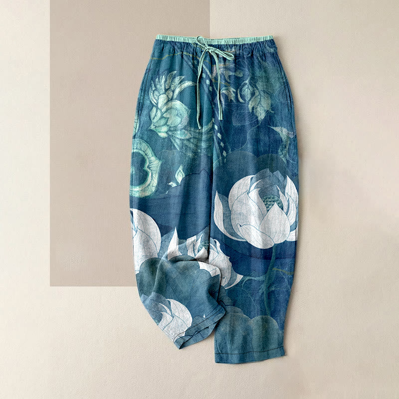 Buddha Stones 綿素材、カジュアルな白蓮の葉柄、レディース用ゴムウエストパンツ（ポケット付き） - ダークターコイズ - US16、 UK/AU20、 EU48 (3XL) - image 4