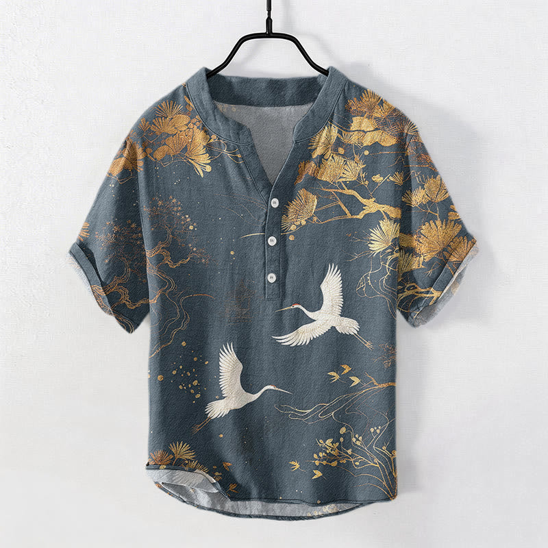 Buddha Stones コットンパインツリーと白鶴柄のメンズ半袖ハーフボタンシャツ - スチールブルー - US/UK/AU50、EU60（5XL） - image 4