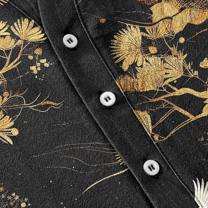 Buddha Stones コットンパインツリーと白鶴柄のメンズ半袖ハーフボタンシャツ - image 3