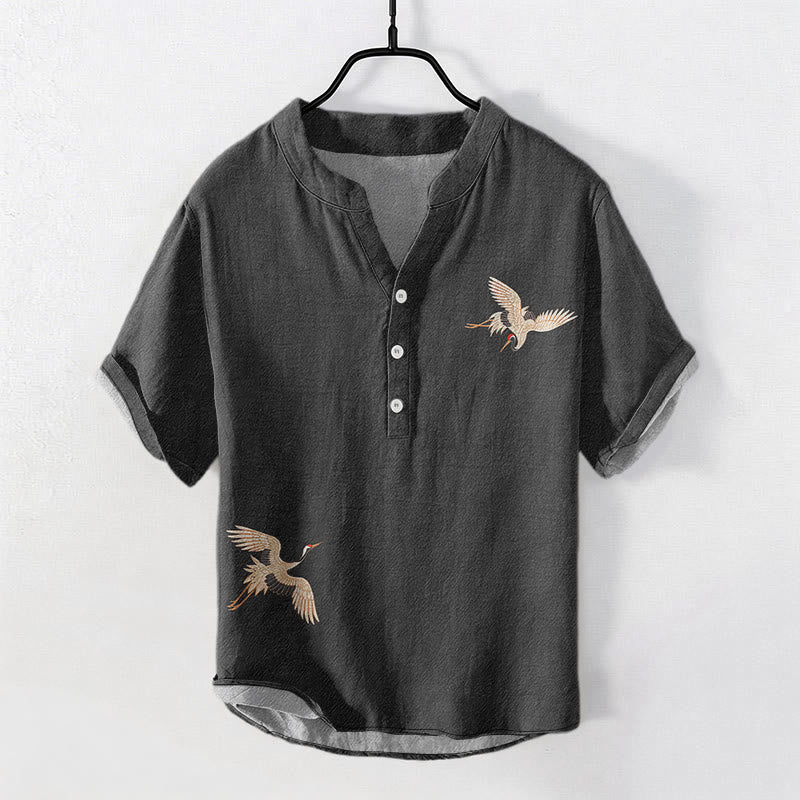 Buddha Stones コットン素材 シンプル 鶴 赤日松柄 メンズ 半袖 ハーフボタンシャツ - 黒 - US/UK/AU50、EU60（5XL） - image 0