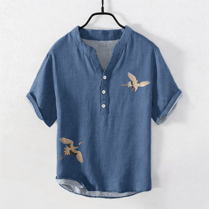 Buddha Stones コットン素材 シンプル 鶴 赤日松柄 メンズ 半袖 ハーフボタンシャツ - スチールブルー - US/UK/AU50、EU60（5XL） - image 4