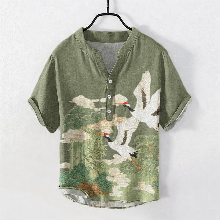 Buddha Stones 綿鶴と吉祥雲の風景柄 メンズ半袖ハーフボタンシャツ - ダークシーグリーン - US/UK/AU50、EU60（5XL） - image 0