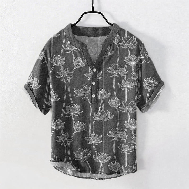Buddha Stones コットン製、蓮の花柄メンズ半袖ハーフボタンシャツ - グレー - US/UK/AU50、EU60（5XL） - image 4