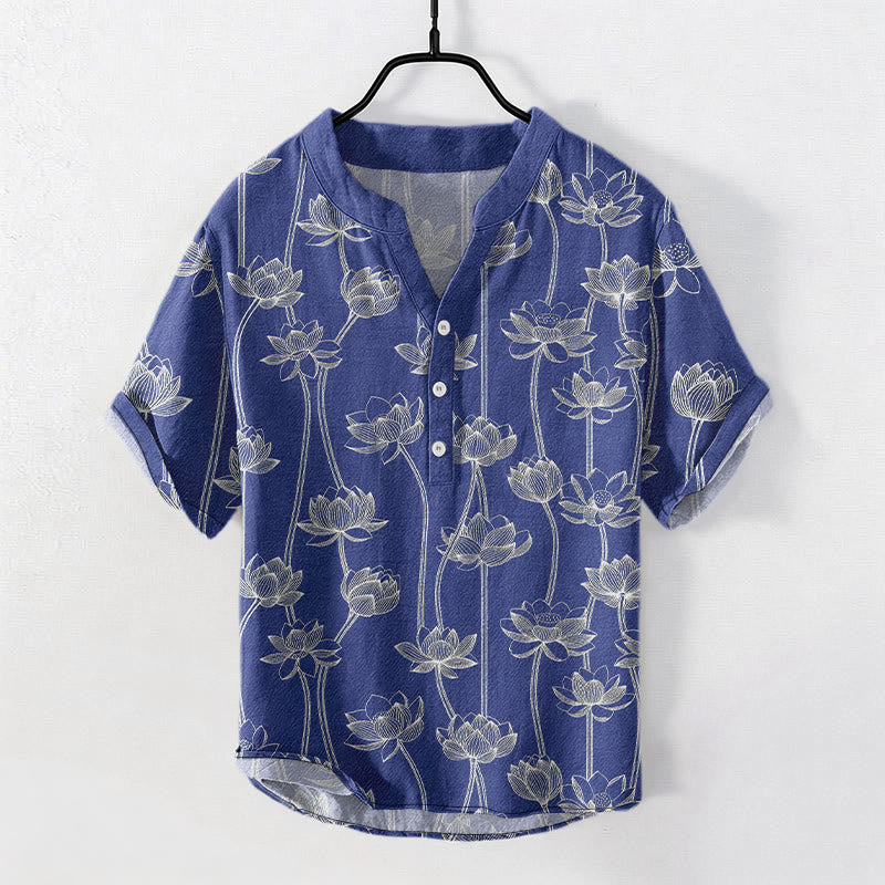 Buddha Stones コットン製、蓮の花柄メンズ半袖ハーフボタンシャツ - ダークブルー - US/UK/AU50、EU60（5XL） - image 6