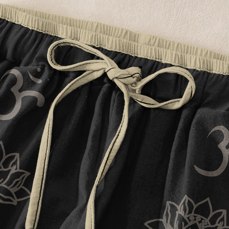 Buddha Stones コットン素材のカジュアルな蓮の花柄ダブルドルジェヴァジュラナマステオムデザインレディースゴムウエストパンツ（ポケット付き） - image 1