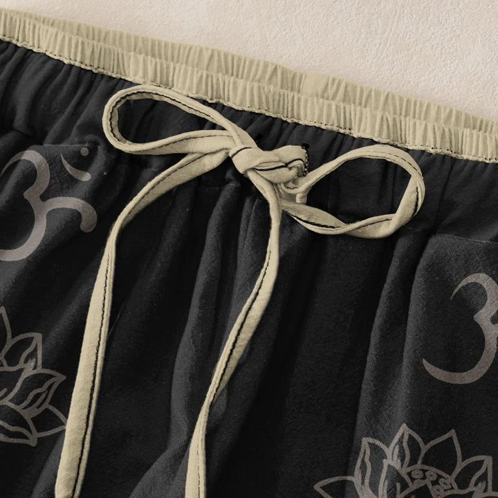 Buddha Stones コットン素材のカジュアルな蓮の花柄ダブルドルジェヴァジュラナマステオムデザインレディースゴムウエストパンツ（ポケット付き） - image 1