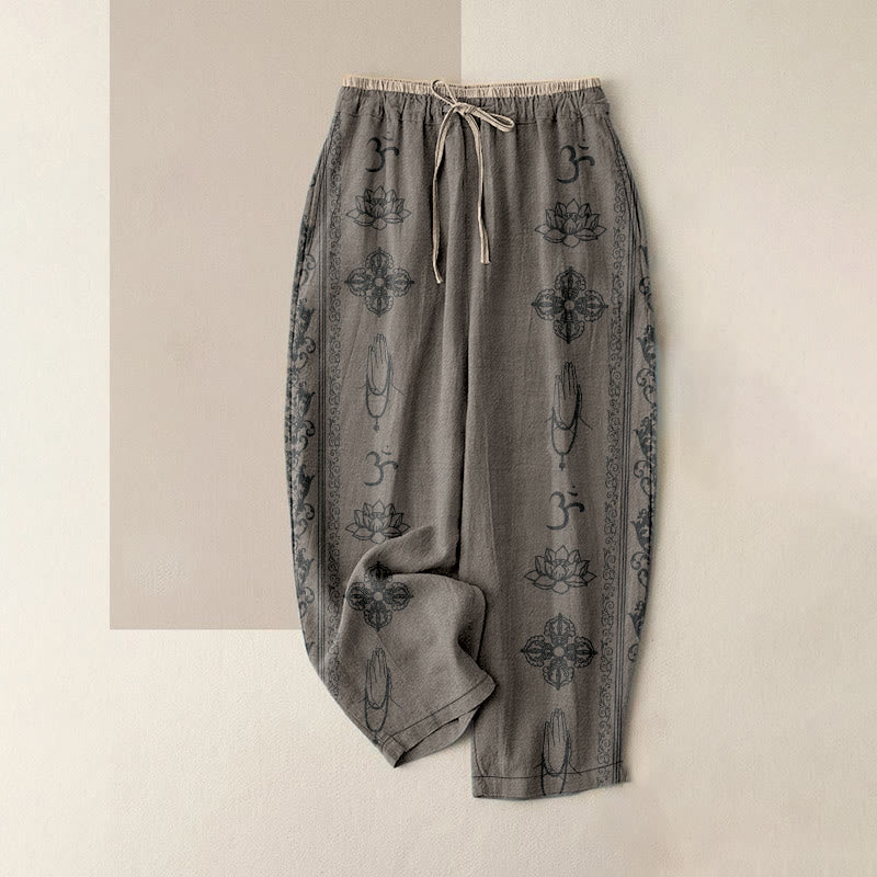 Buddha Stones コットン素材のカジュアルな蓮の花柄ダブルドルジェヴァジュラナマステオムデザインレディースゴムウエストパンツ（ポケット付き） - ダークカーキ - US16、 UK/AU20、 EU48 (3XL) - image 5
