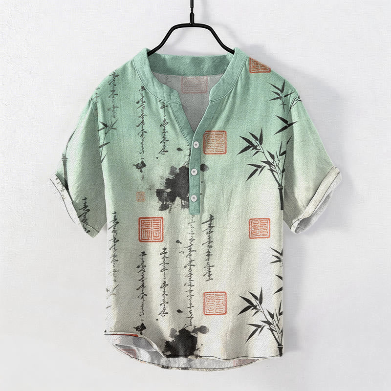 Buddha Stones コットングラデーション書道竹墨画柄メンズ半袖ハーフボタンシャツ - 甘露 - US/UK/AU50、EU60（5XL） - image 0