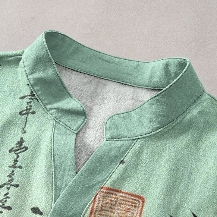 Buddha Stones コットングラデーション書道竹墨画柄メンズ半袖ハーフボタンシャツ - image 2