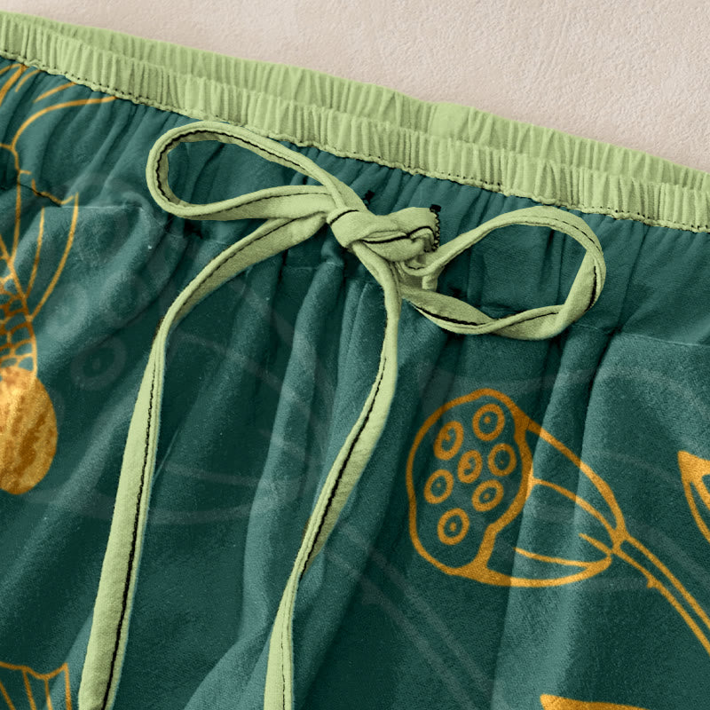 Buddha Stones コットン素材、カジュアルな蓮の葉と鯉の柄、ウエストゴム入り、ポケット付きレディースパンツ - image 1