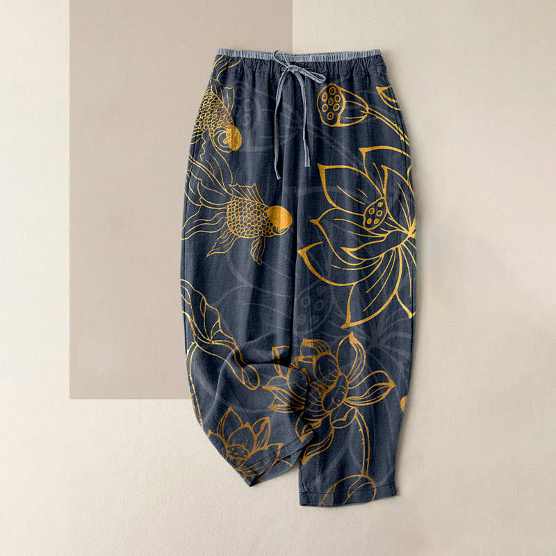 Buddha Stones コットン素材、カジュアルな蓮の葉と鯉の柄、ウエストゴム入り、ポケット付きレディースパンツ - 薄暗い灰色 - US16、 UK/AU20、 EU48 (3XL) - image 4