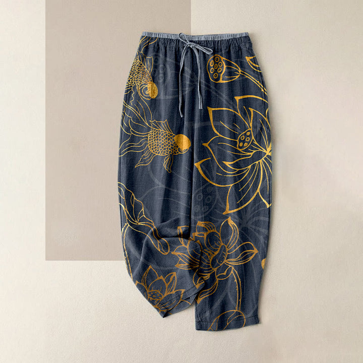 Buddha Stones コットン素材、カジュアルな蓮の葉と鯉の柄、ウエストゴム入り、ポケット付きレディースパンツ - 薄暗い灰色 - US16、 UK/AU20、 EU48 (3XL) - image 4