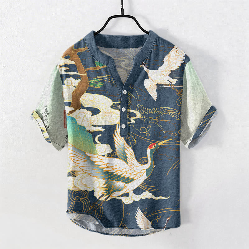Buddha Stones 綿鶴吉祥雲松柄メンズ半袖ハーフボタンシャツ - スチールブルー - US/UK/AU50、EU60（5XL） - image 4