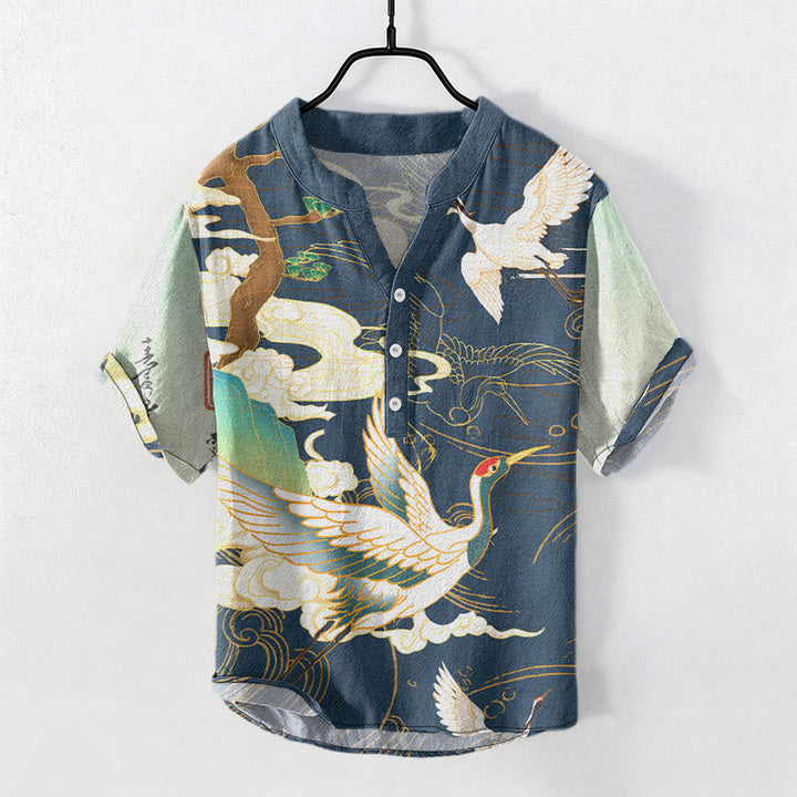 Buddha Stones 綿鶴吉祥雲松柄メンズ半袖ハーフボタンシャツ - スチールブルー - US/UK/AU50、EU60（5XL） - image 4