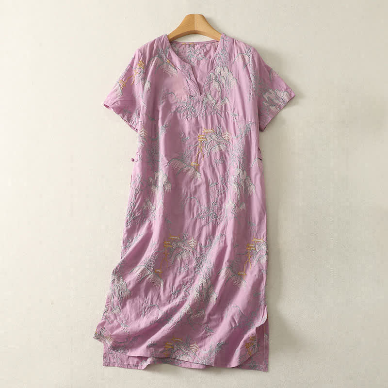 Buddha Stones 夏用Vネック花柄デザイン半袖コットンミディドレス（ポケット付き） - 梅 - US8-10，UK/AU12-14，EU40-42 (2XL) - image 0
