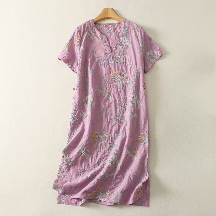 Buddha Stones 夏用Vネック花柄デザイン半袖コットンミディドレス（ポケット付き） - 梅 - US8-10，UK/AU12-14，EU40-42 (2XL) - image 0
