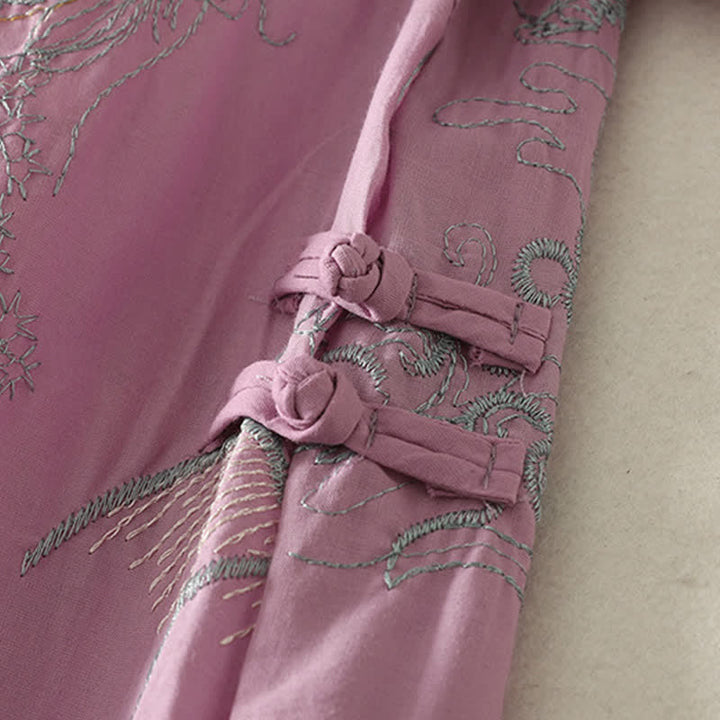 Buddha Stones 夏用Vネック花柄デザイン半袖コットンミディドレス（ポケット付き） - image 6