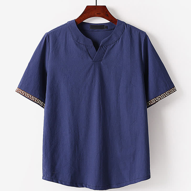 Buddha Stones 夏用刺繍入り半袖ノッチドカラーメンズコットンリネンTシャツ - ダークスレートブルー - 米国/UK/AU56、EU66（9XL） - image 0