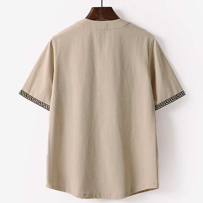 Buddha Stones 夏用刺繍入り半袖ノッチドカラーメンズコットンリネンTシャツ - image 5