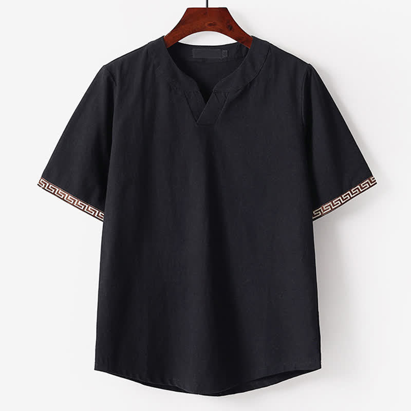 Buddha Stones 夏用刺繍入り半袖ノッチドカラーメンズコットンリネンTシャツ - 黒 - 米国/UK/AU56、EU66（9XL） - image 3