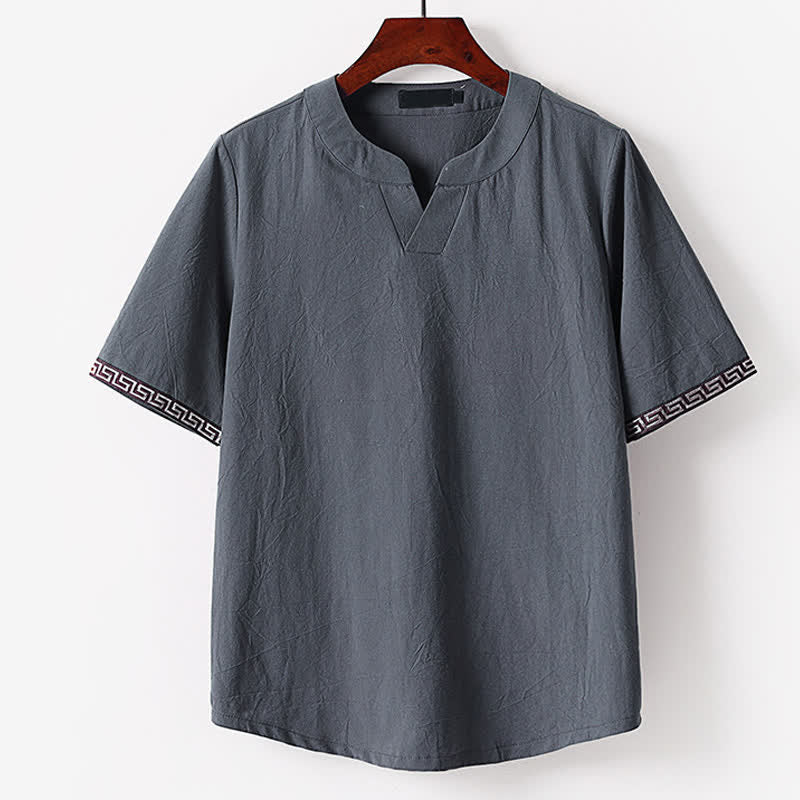 Buddha Stones 夏用刺繍入り半袖ノッチドカラーメンズコットンリネンTシャツ - スレートグレー - 米国/UK/AU56、EU66（9XL） - image 2