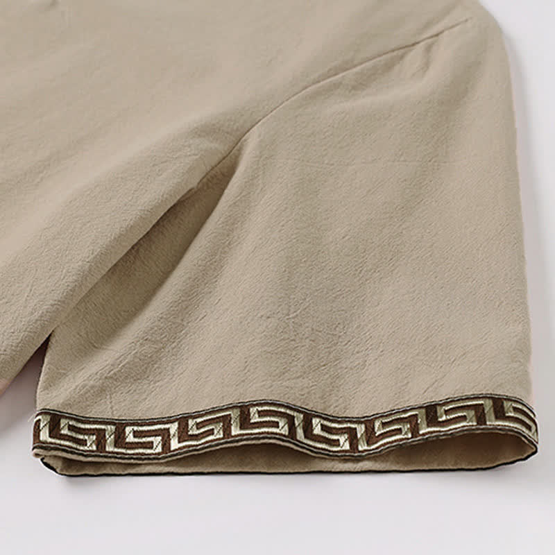 Buddha Stones 夏用刺繍入り半袖ノッチドカラーメンズコットンリネンTシャツ - image 8