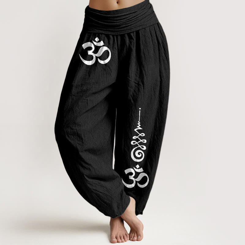 Buddha Stones コットンカームOMエナジーライン柄レディースゴムウエストハーレムパンツ - 黒 - US16、 UK/AU20、 EU48 (3XL) - image 0