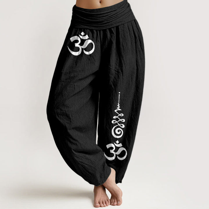Buddha Stones コットンカームOMエナジーライン柄レディースゴムウエストハーレムパンツ - 黒 - US16、 UK/AU20、 EU48 (3XL) - image 0