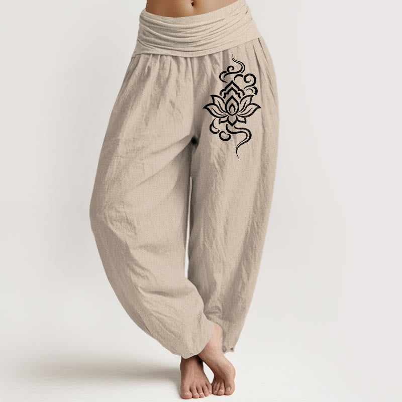 Buddha Stones コットン素材のシンプルな蓮柄レディースゴムウエストハーレムパンツ - タン - US16、 UK/AU20、 EU48 (3XL) - image 0