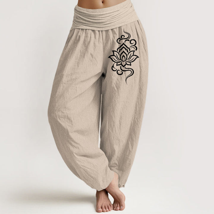 Buddha Stones コットン素材のシンプルな蓮柄レディースゴムウエストハーレムパンツ - タン - US16、 UK/AU20、 EU48 (3XL) - image 0