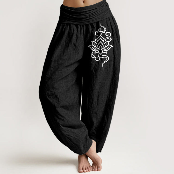 Buddha Stones コットン素材のシンプルな蓮柄レディースゴムウエストハーレムパンツ - 黒 - US16、 UK/AU20、 EU48 (3XL) - image 5
