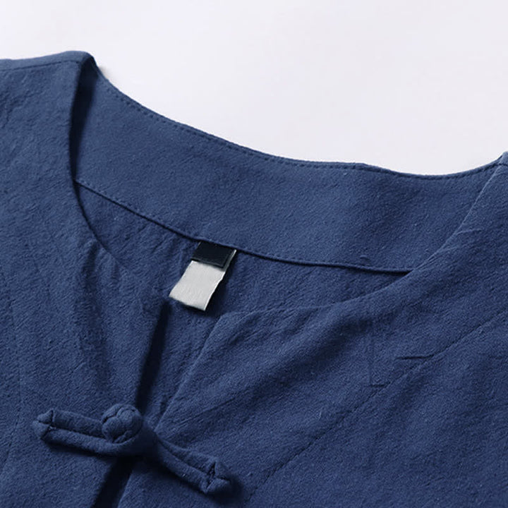 Buddha Stones 無地、カエルボタン、ノッチドラペル、半袖、メンズ、コットンリネンTシャツ - image 5