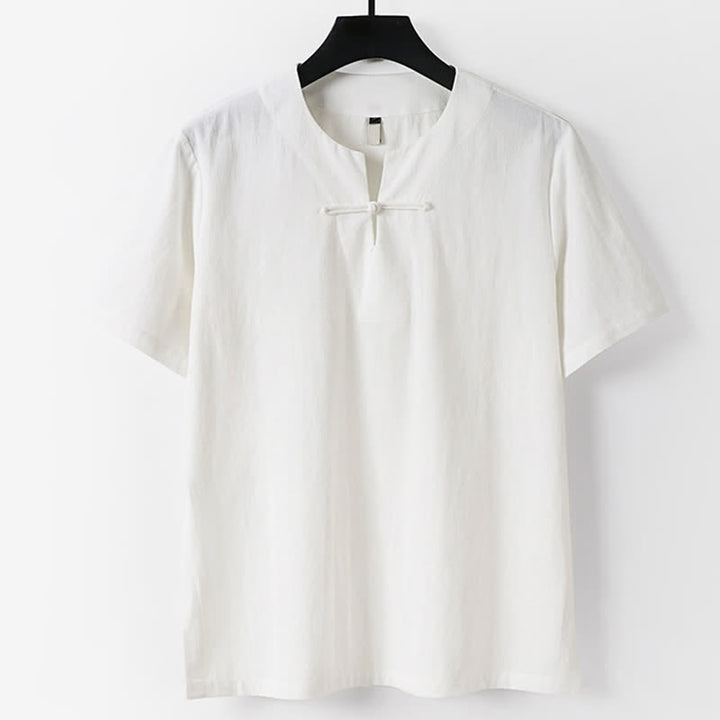 Buddha Stones 無地、カエルボタン、ノッチドラペル、半袖、メンズ、コットンリネンTシャツ - 白 - 米国/UK/AU56、EU66（9XL） - image 1