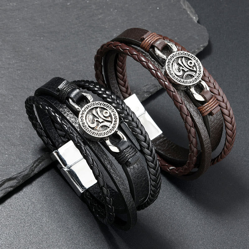 Buddha Stonesオム刻印入りラウンド多層編み込みレトロレザーブレスレット - image 0