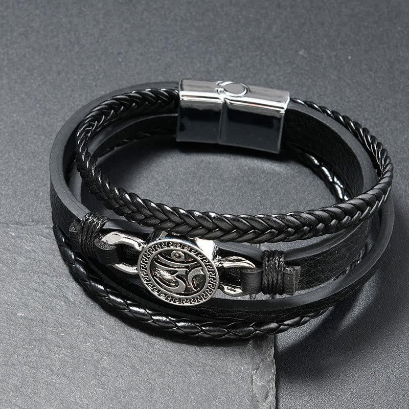 Buddha Stonesオム刻印入りラウンド多層編み込みレトロレザーブレスレット - 黒革（手首周り：18～19cm） - image 1