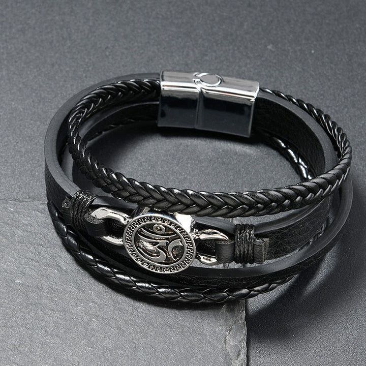 Buddha Stonesオム刻印入りラウンド多層編み込みレトロレザーブレスレット - 黒革（手首周り：18～19cm） - image 1